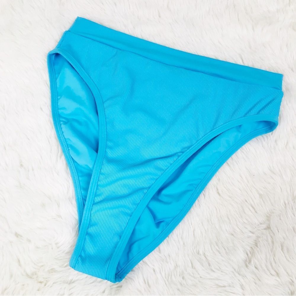 New L*SPACE Frenchi Bottom Bitsy Cut High Waist Bikini Ribbed Aqua Blue Large